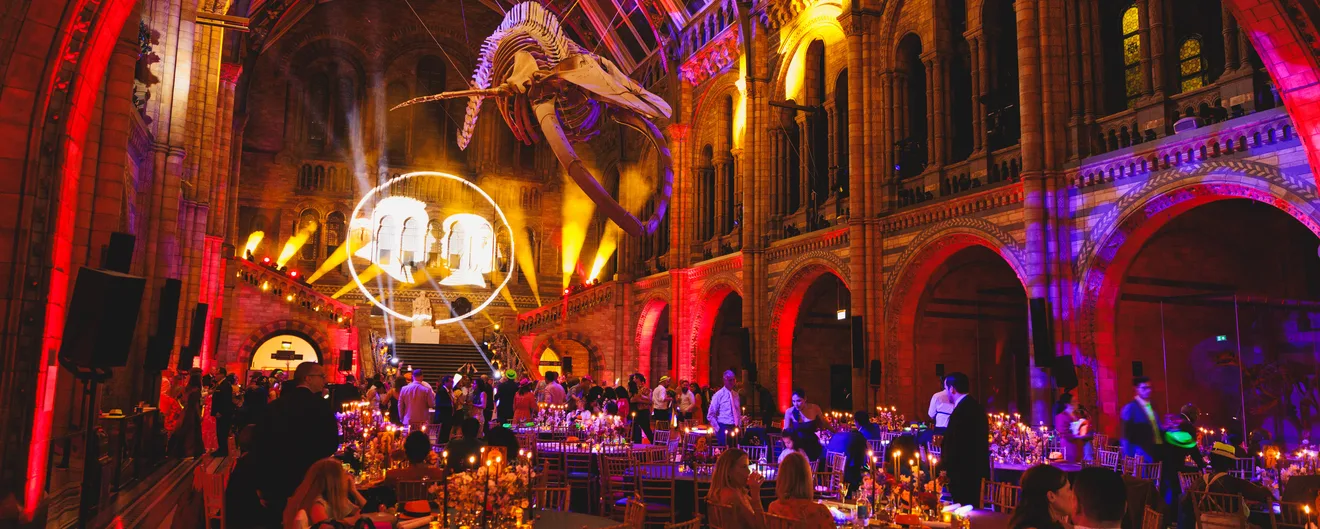 A gala dinner under red and gold light in the Natural History Museum's Hintze Hall